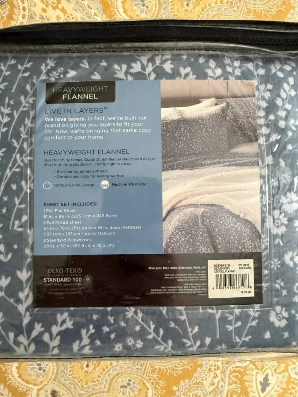 Cuddl Duds Heavyweight Flannel Blue Floral Full Size Sheet Set - NIP